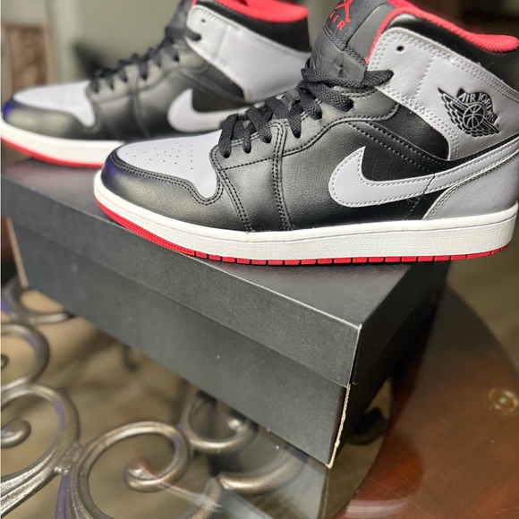 Nike Air Jordan1 mid Black and Gray Sneakers with Red Accents - Picture 3 of 9